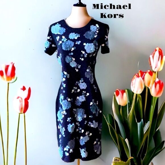 MICHAEL KORS NWT TRUE NAVY SEQUENCE DECORATION DRESS MEDIUM - Picture 1 of 11